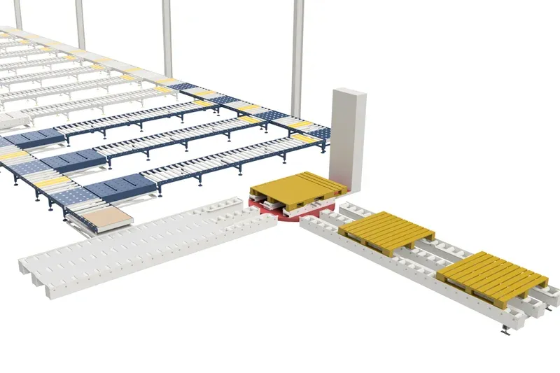 3D conveyor system layout showing automated roller conveyors and product transfer arrangements
