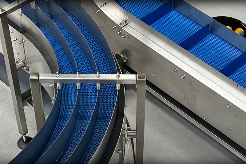 Sistema transportador de banda modular para productos alimenticios para mascotas